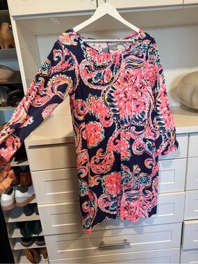 Lilly Pulitzer Navy Dress with Bright Pink Paisley Print